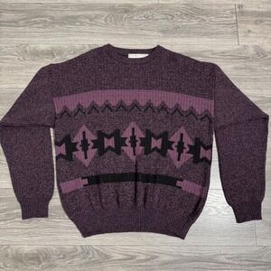 80s Vintage Balcourt Mens Wool Blend Geometric Pattern Knit Sweater Purple XL